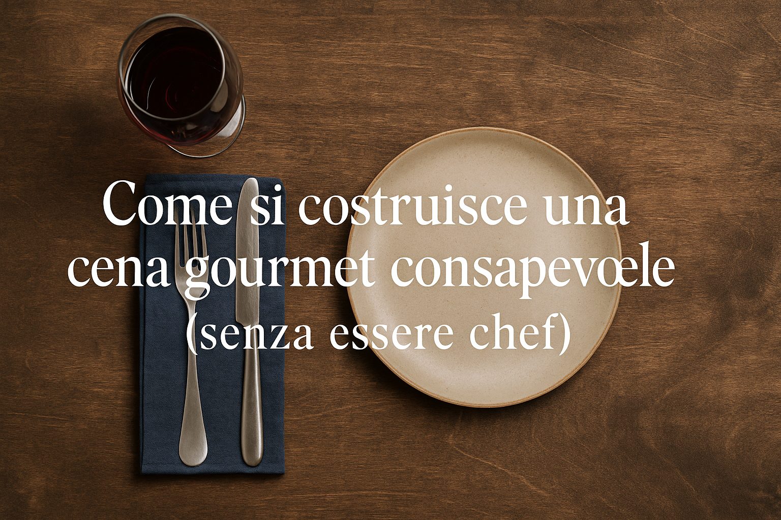 A minimalist table with a ceramic plate, cutlery, and a wine glass, symbolizing a mindful gourmet dinner.
