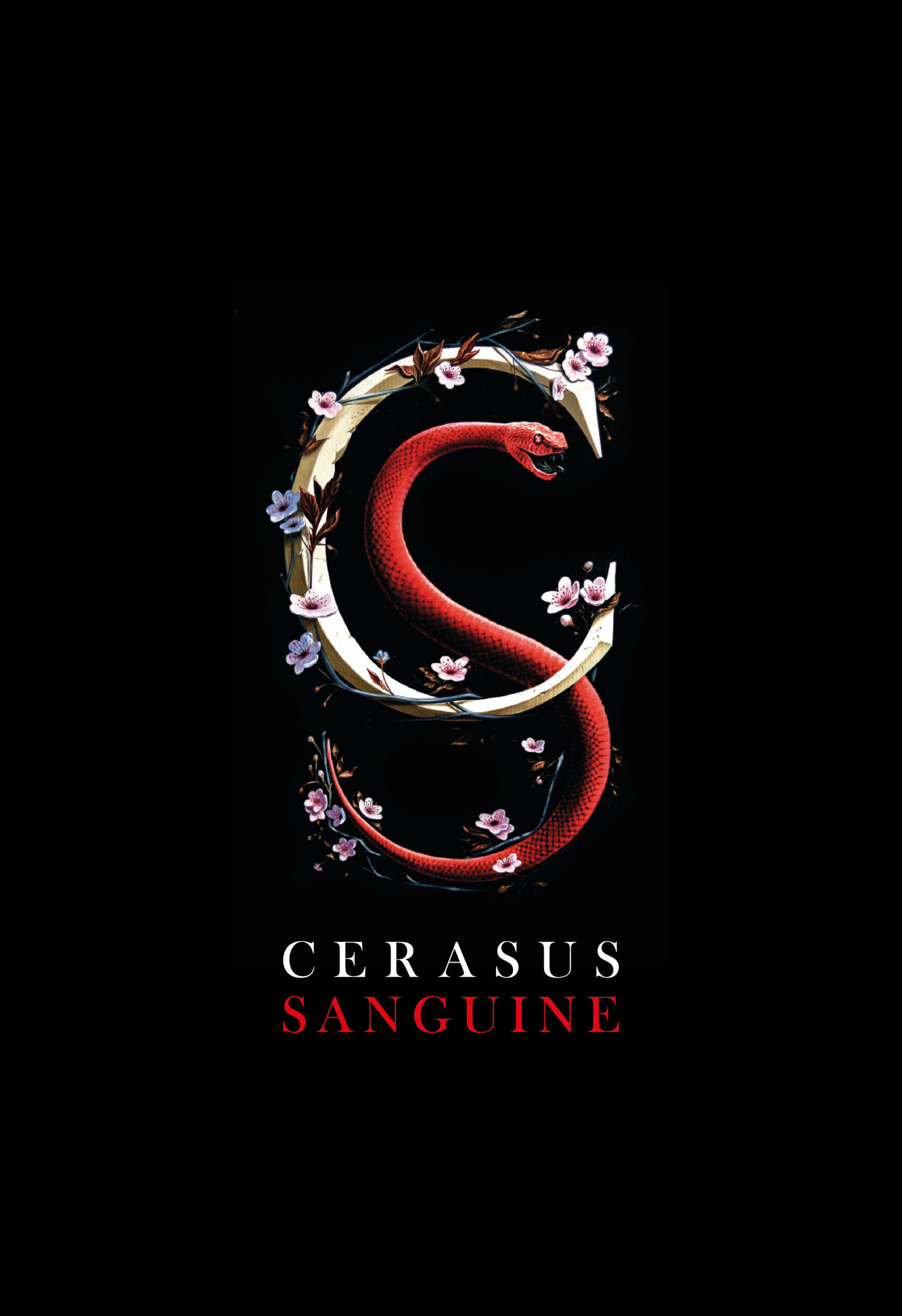 Cerasus Sanguine logo with red serpent and cherry blossoms on a black background