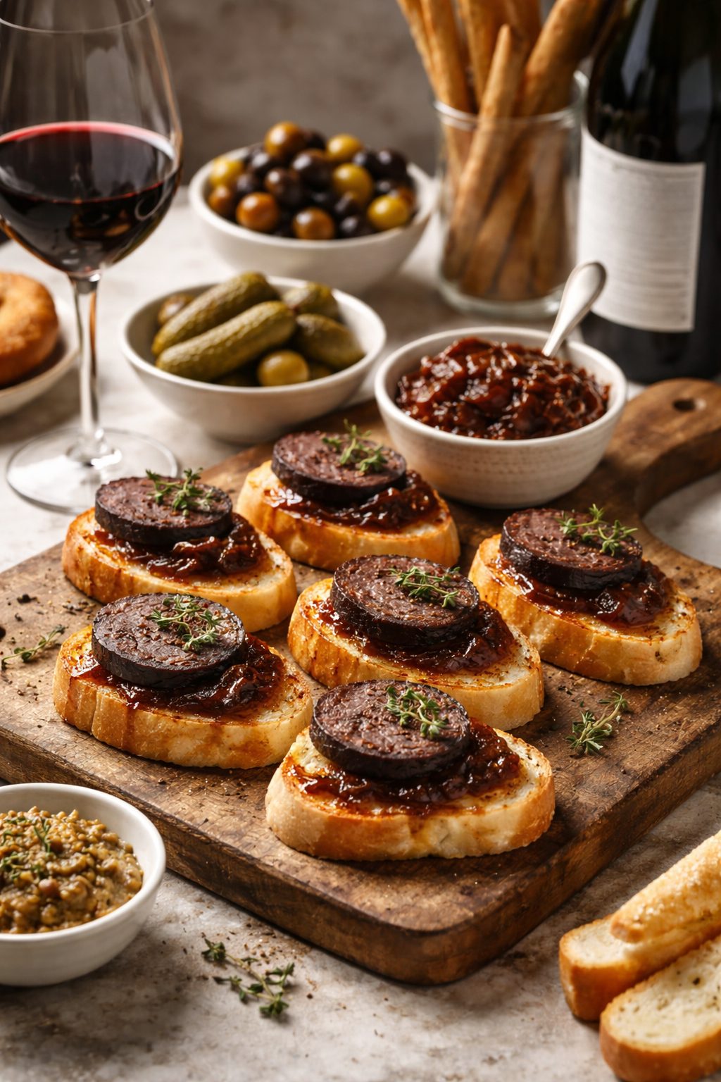 aperitivo gourmet con boudin noir su crostini e cipolla caramellata