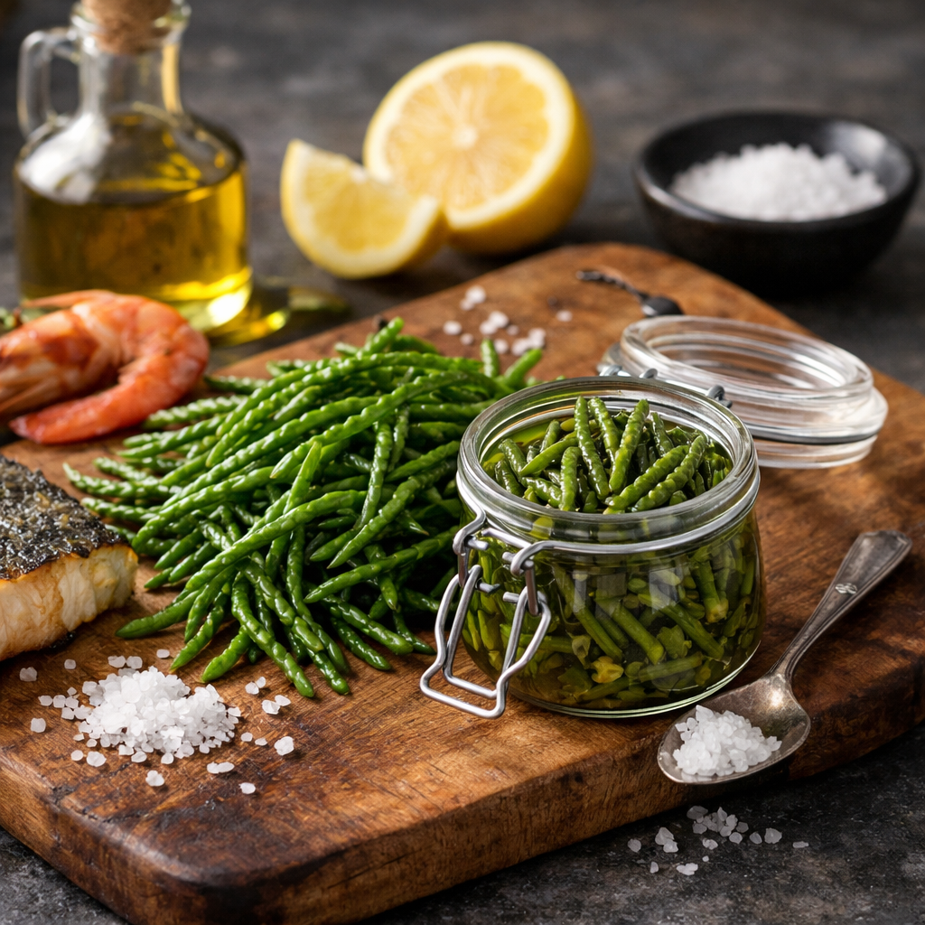 Frische und eingelegte Salicornia (Queller) mit Fisch und Zitrone angerichtet
